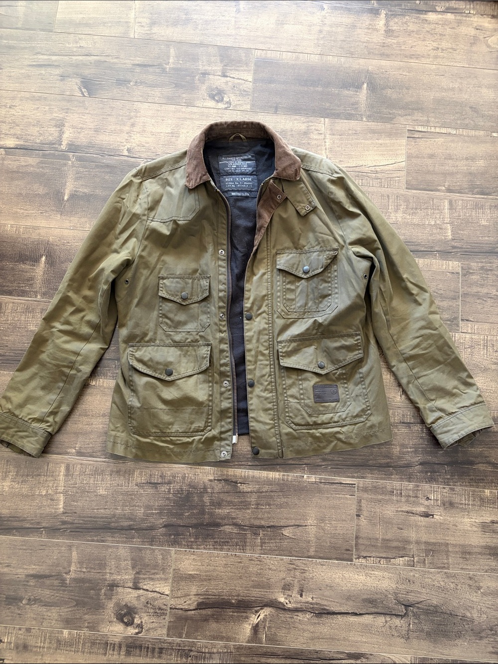 AllSaints Olive Green Military Waxed Canvas Barn Jacket with Brown Cord Collar